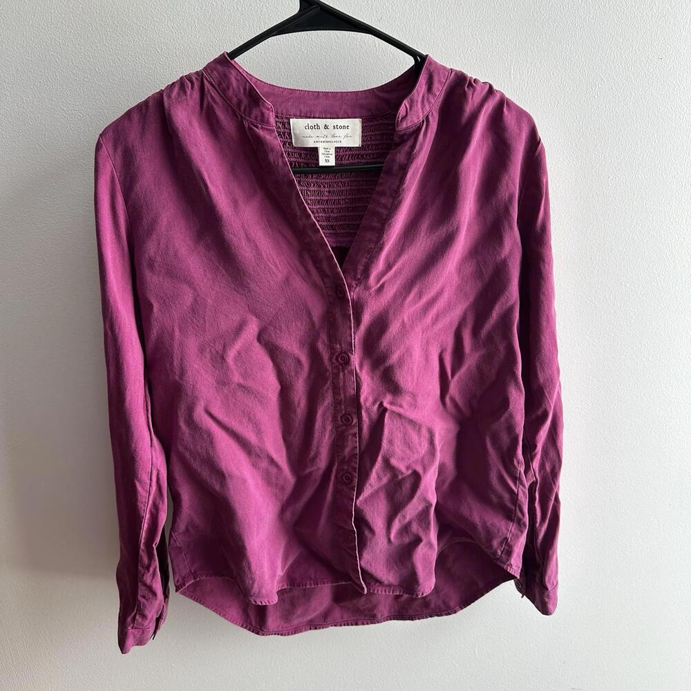 Anthropologie Cloth & Stone Smock Magenta Pink Long Sleeve Button Tencel Top XS